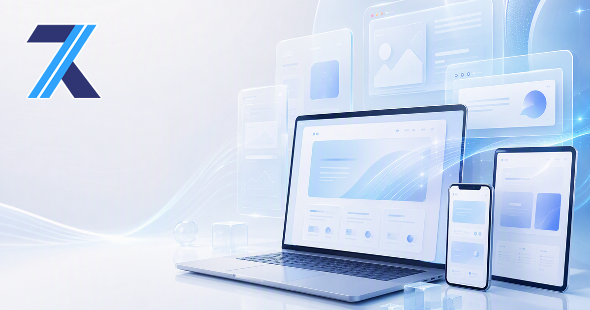 A laptop, tablet, and smartphone displaying responsive web design layouts against a light blue futuristic background, with a company logo featuring a stylized letter "Z" in the top-left corner.